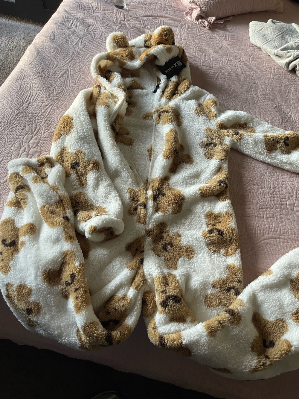 SHEIN Cream and Brown Teddy Bear Plush Onesie Pajamas